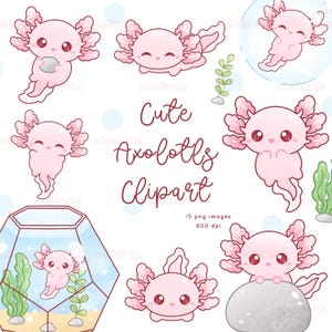 Axolotl clipart, Kawaii Axolotls, Axolotls PNG, Planner stickers, Party invitations, Pink clipart, Digital stickers, Pets clipart