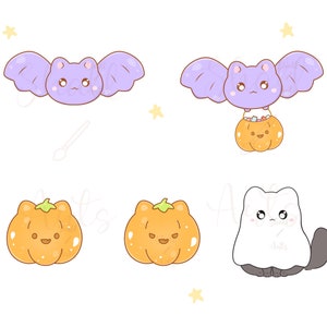 Op de afbeelding: Een set Halloween-illustraties met een paarse vleermuis met een schattig gezicht, een pompoen met een schattig gezicht en een spook met een schattig gezicht. De vleermuis houdt een pompoen vast die vol snoep zit.
