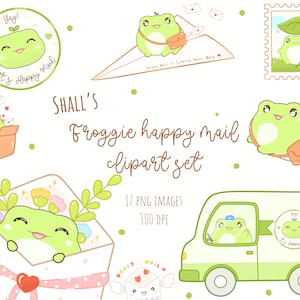 May include: A set of 17 digital clipart images featuring cute green frogs dressed as mail carriers. The frogs are holding mailbags, riding in a delivery truck, and delivering mail in envelopes. The text "Froggie happy mail clipart set" is written in brown cursive font. The text "17 PNG IMAGES 300 DPI" is written in black font.