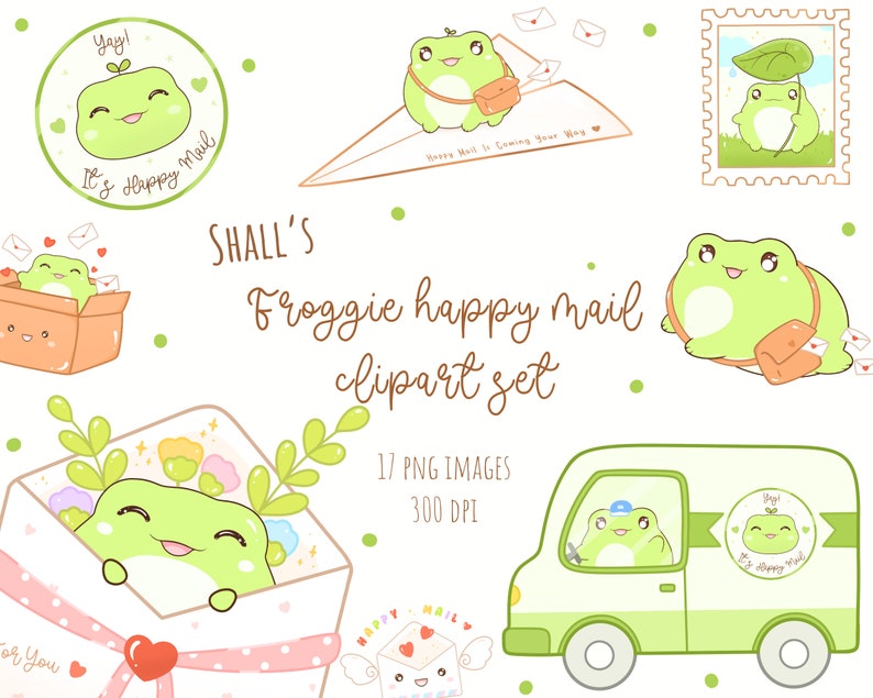 Kawaii frog Clipart, Frog PNG, Frog happy mail Clipart, Happy mail, Stamps, Post clipart, Delivery clipart, Envelope clipart, Commercial Use image 1