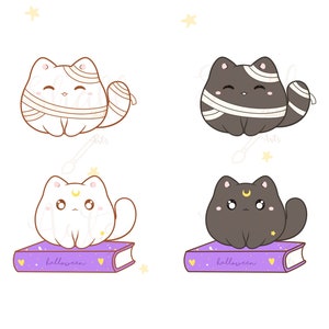 May include: Two sets of cute cartoon cats dressed as mummies. One set is white and the other is black. Both sets are sitting on a purple book with the word "halloween" on it.