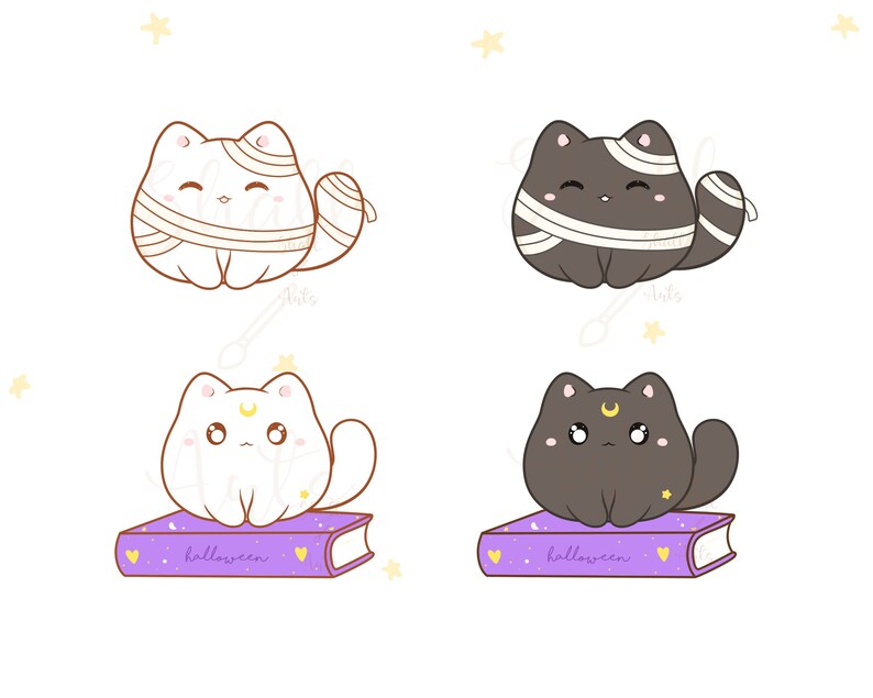 May include: Two sets of cute cartoon cats dressed as mummies. One set is white and the other is black. Both sets are sitting on a purple book with the word "halloween" on it.