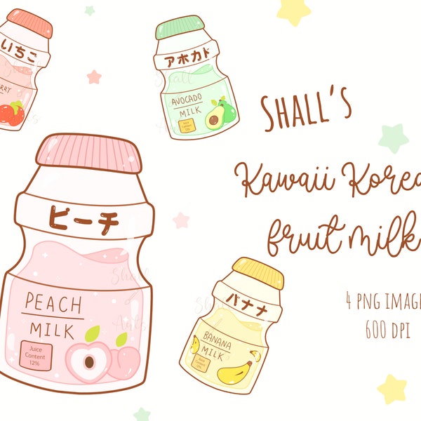 Süße koreanische Obstmilchflaschen, Milch Clipart, Asiatische Getränke Clipart, Süße Lebensmittel Clipart, Pfirsichmilch, Erdbeermilch, Süße Getränke Clipart