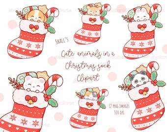 Kawaii Animals in a Christmas sock Clipart, Christmas animals PNG, Christmas Clipart, Christmas decor, Christmas sock, Label, Commercial Use