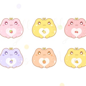 May include: Six cartoon frog illustrations with different colored bodies and hearts. The frogs are all wearing a small green leaf on their heads. The hearts have different fruit inside: a strawberry, a lemon, a cherry, a blueberry, a peach, and a pineapple.