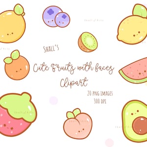 Kawaii Fruits avec visages Clipart, Fruits PNG, Fruits mignons, Fraise, Citron, Autocollants planificateurs, Pêche, Badges mignons clipart, Fruits clipart