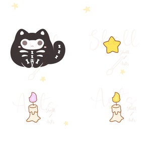 May include: A black cat with a skeleton design, a yellow star, and two candles with pink and yellow flames. The text "Shall Arts" appears in the image.