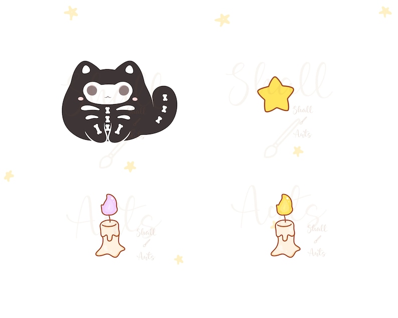 May include: A black cat with a skeleton design, a yellow star, and two candles with pink and yellow flames. The text "Shall Arts" appears in the image.