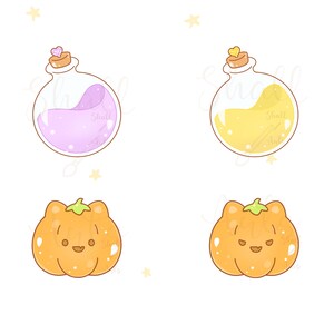 May include: Two glass bottles with cork stoppers and hearts on top, one filled with pink liquid and the other with yellow liquid. Below are two orange pumpkins with cute faces.