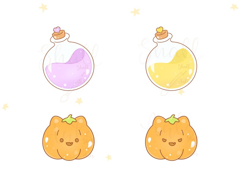May include: Two glass bottles with cork stoppers and hearts on top, one filled with pink liquid and the other with yellow liquid. Below are two orange pumpkins with cute faces.