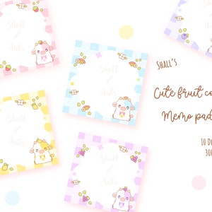 May include: Ten designs of cute fruit cow memo pads. Each pad features a different fruit cow design with a white background and a checkered pattern. The text "Shall's Arts" is written on each pad.