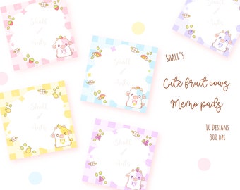 May include: Ten designs of cute fruit cow memo pads. Each pad features a different fruit cow design with a white background and a checkered pattern. The text "Shall's Arts" is written on each pad.