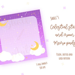 Puede incluir: Tres plantillas de bloc de notas moradas con un patrón de cuadrícula, estrellas y lunas. El texto "SHALL'S Celestial stars and moon Memo pads" está en la parte superior derecha de la imagen. El texto "PLAIN, DOTTED AND GRID PATTERN" está en la parte inferior derecha de la imagen.