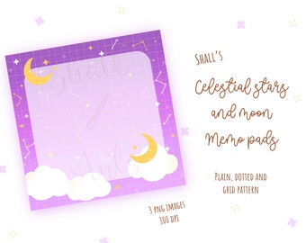 May include: Three purple memo pad templates with a grid pattern, stars, and moons. The text "SHALL'S Celestial stars and moon Memo pads" is at the top right of the image. The text "PLAIN, DOTTED AND GRID PATTERN" is at the bottom right of the image.