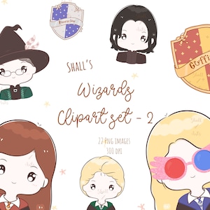 Peut inclure: Un ensemble de 22 images clipart numériques représentant de mignons sorciers de dessin animé dans différentes maisons de Poudlard. Les images sont au format PNG et ont une résolution de 300 DPI. Le clipart comprend des images de sorciers avec différentes coiffures, lunettes et accessoires. Le clipart comprend également des images des armoiries des maisons de Poudlard.