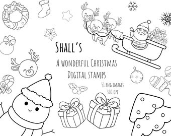 Cute Christmas Digital Stamps | Cute Clipart | Snowflake | Santa | Christmas Tree | Commercial Use | Scandinavian Christmas | PNG Bundle