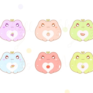 May include: Six cartoon frog illustrations with different colored bodies and hearts. Each frog has a different fruit inside the heart: grapes, strawberry, watermelon, a slice of pizza, tomato, and avocado.