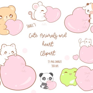 Kawaii animaux avec cœur Clipart, Coeur animaux PNG, Heart Clipart, Valentine animaux clipart, Label clipart, Vaches mignonnes, Utilisation commerciale