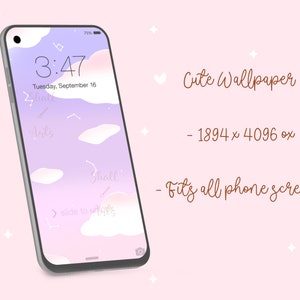 May include: A smartphone mockup with a purple and pink gradient background featuring white clouds and the text "Shall" and "Auts". The time is displayed as 3:47 and the date is Tuesday, September 16. The text "Cute Wallpaper" is displayed above the phone, along with the dimensions "1894 x 4096 px" and the text "Fits all phone screens".