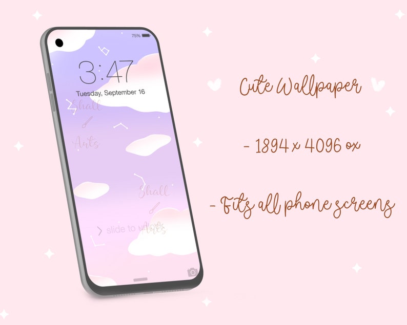 May include: A smartphone mockup with a purple and pink gradient background featuring white clouds and the text "Shall" and "Auts". The time is displayed as 3:47 and the date is Tuesday, September 16. The text "Cute Wallpaper" is displayed above the phone, along with the dimensions "1894 x 4096 px" and the text "Fits all phone screens".
