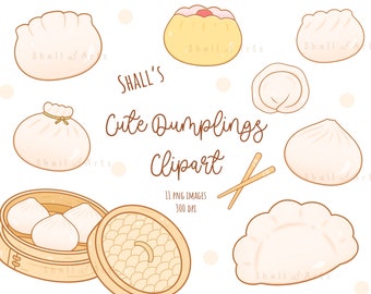 May include: A set of 11 digital illustrations of cute dumplings in various shapes and sizes. The dumplings are drawn in a cartoon style with soft, pastel colors. The illustrations include a steaming basket of dumplings, a single dumpling with a pleat design, and a dumpling with a red filling. The text "SHALL'S Cute Dumplings Clipart" is included in the image.