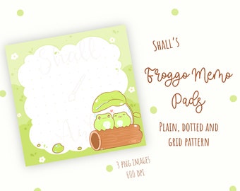 May include: A light green memo pad with a cloud-shaped border, featuring a cartoon illustration of two green frogs on a log. The text "Shall's Froggo Memo Pads" is displayed, along with "Plain, Dotted and Grid Pattern".