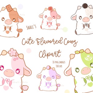May include: Ten digital illustrations of cute cartoon cows with different flavors. The cows are white with pink, green, brown, or purple spots. Each cow has a different flavor-themed accessory, such as a chocolate bar, a flower, or a leaf.