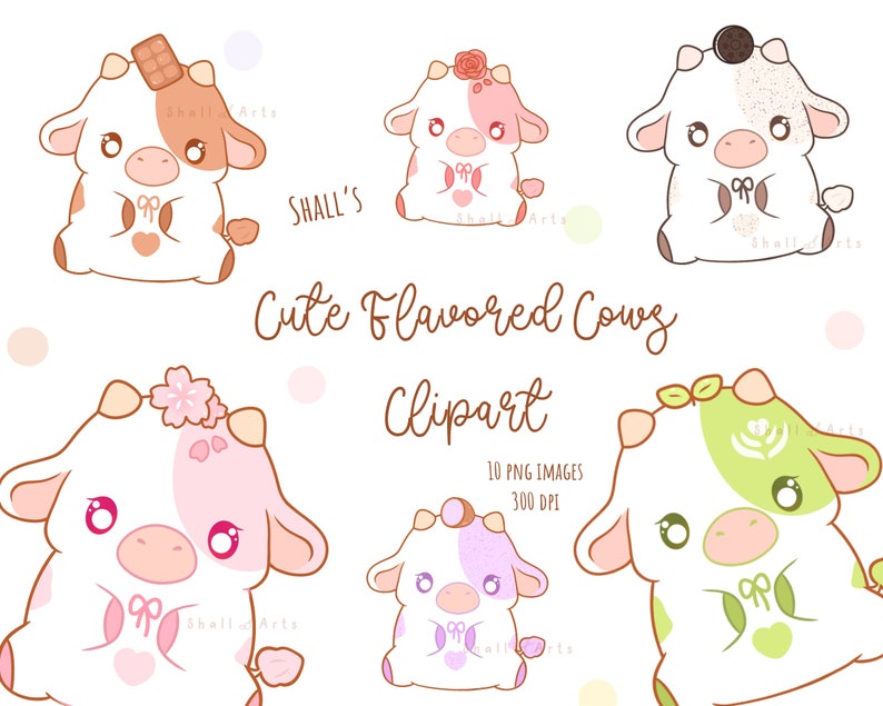 May include: Ten digital illustrations of cute cartoon cows with different flavors. The cows are white with pink, green, brown, or purple spots. Each cow has a different flavor-themed accessory, such as a chocolate bar, a flower, or a leaf.