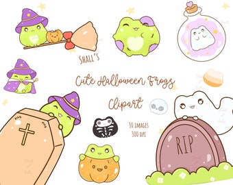 Cute Halloween frogs clipart, Frogs PNG, Cute Halloween clipart, Digital stickers, Autumn clipart, Ghost clipart, Halloween, Witch clipart
