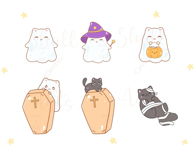 Op de afbeelding: Set van zes Halloween-illustraties met schattige cartoonfiguren. De illustraties bevatten een spook met een heksenhoed, een spook dat een pompoen vasthoudt, een spook dat uit een kistje kijkt, een zwarte kat met een verband en twee spoken.