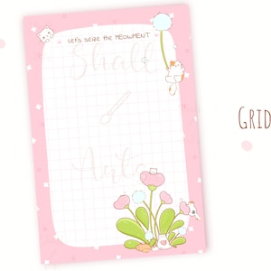 May include: Pink grid paper with a pink border and a white grid. The paper features a cute cat illustration with a dandelion and the text "Let's seize the MEOWMENT".