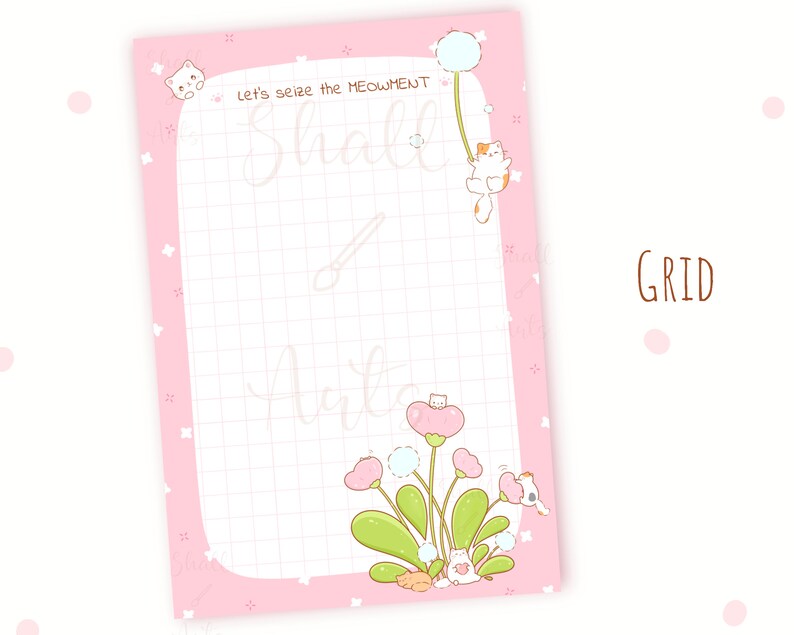 May include: Pink grid paper with a pink border and a white grid. The paper features a cute cat illustration with a dandelion and the text "Let's seize the MEOWMENT".