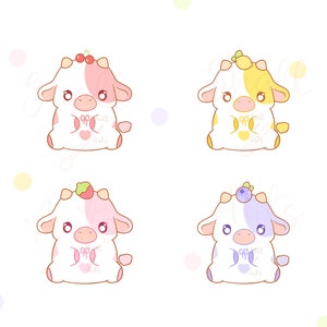May include: Four cartoon cows with different colored accents. Each cow is holding a heart with the text "small bites" on it. The cows are pink, yellow, purple, and blue.