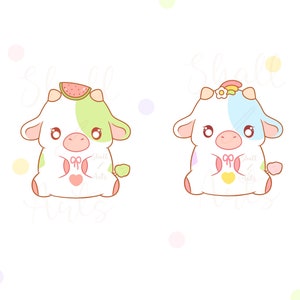 May include: Two cartoon cows with pink bows and hearts. One cow has a green patch and a watermelon slice on its head. The other cow has a blue patch and a rainbow on its head.