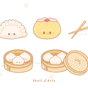 May include: A set of four cartoon dumplings with smiling faces. The dumplings are in a bamboo steamer and are a light brown color. The dumplings are surrounded by a white background with small white dots.