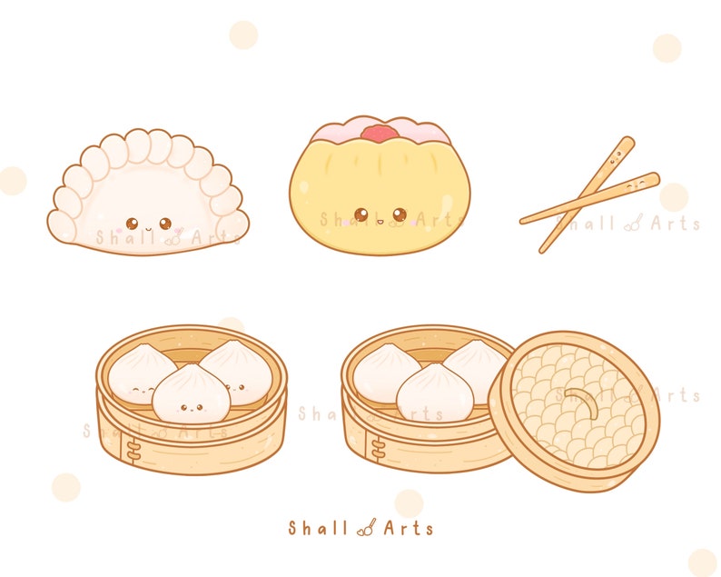 May include: A set of four cartoon dumplings with smiling faces. The dumplings are in a bamboo steamer and are a light brown color. The dumplings are surrounded by a white background with small white dots.