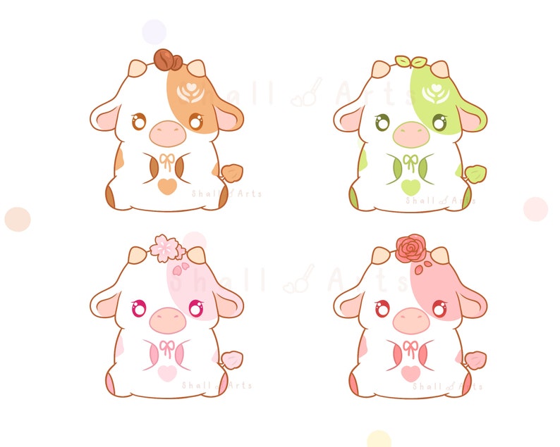 May include: Four cartoon illustrations of cows with different colored spots. Each cow is sitting down with its legs crossed and holding a small bow in its hooves. The cows are wearing a flower on their heads. The cows are brown, green, pink, and white.