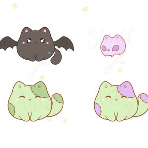May include: Four cute cartoon cats in different poses. One black cat with bat wings, one purple cat with a skull, and two green cats with purple patches.