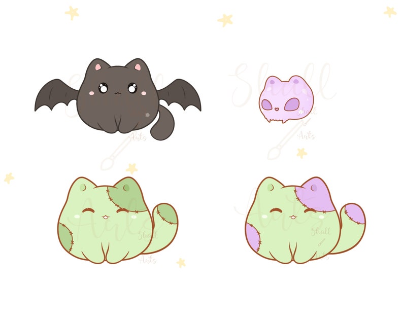 May include: Four cute cartoon cats in different poses. One black cat with bat wings, one purple cat with a skull, and two green cats with purple patches.