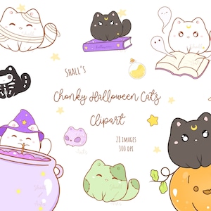 May include: A set of 28 digital illustrations of cute Halloween cats in various poses and costumes. The cats are drawn in a cartoon style with bright colors and whimsical details. The illustrations are perfect for use in digital scrapbooking, card making, and other creative projects.