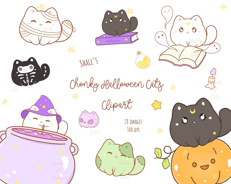 May include: A set of 28 digital illustrations of cute Halloween cats in various poses and costumes. The cats are drawn in a cartoon style with bright colors and whimsical details. The illustrations are perfect for use in digital scrapbooking, card making, and other creative projects.