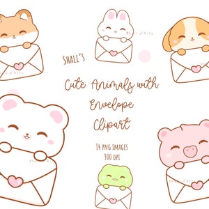 Animales kawaii con sobre Clipart, Sobre PNG, Clipart de corazón, Imágenes prediseñadas de animales de San Valentín, Etiquetas, Gatos lindos, Clipart de cartas de San Valentín