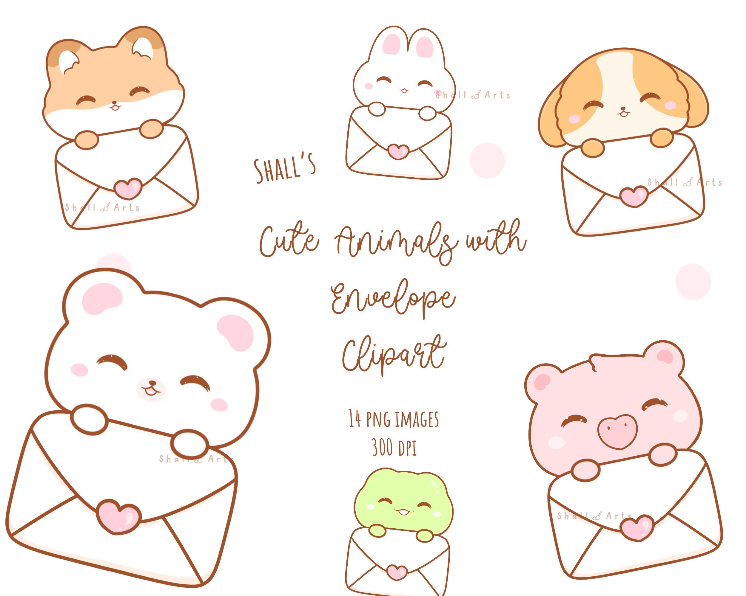 Kawaii animals with envelope Clipart, Envelope PNG, Heart Clipart, Valentine animals clipart, Labels, Cute cats, Valentine letter clipart