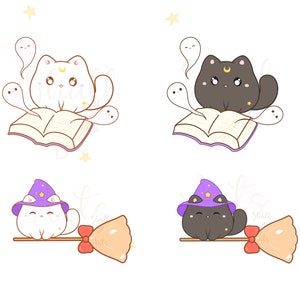 May include: Two illustrations of cute cats with a crescent moon on their foreheads. One white cat is sitting on an open book with two ghosts flying around it. The other black cat is sitting on a broomstick with a purple witch hat.