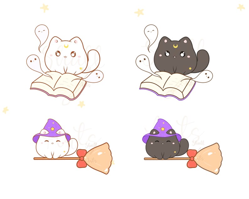 May include: Two illustrations of cute cats with a crescent moon on their foreheads. One white cat is sitting on an open book with two ghosts flying around it. The other black cat is sitting on a broomstick with a purple witch hat.