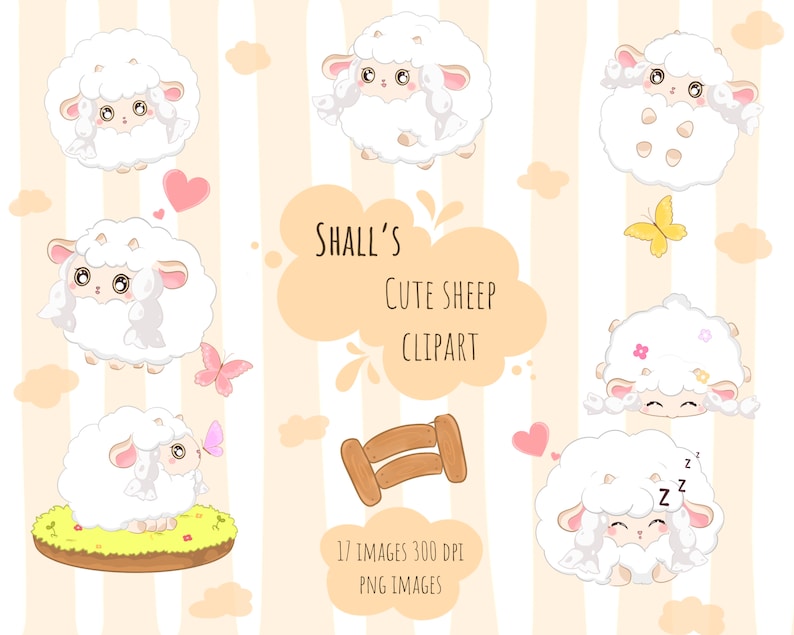 Kawaii Sheep Clipart | Woo loo Clipart | White Fluffy Sheep Clipart | Kawaii Download | Digital Download | Cute Sheep | Commercial Use image 1