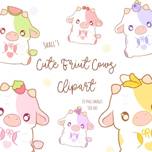 Kawaii Obst Kühe Clipart, Kühe PNG, süße Kühe Clipart, Erdbeer Kuh, süße Kuh, Planer Aufkleber, Obst Kühe, Pfirsich Kuh, kommerzielle Nutzung