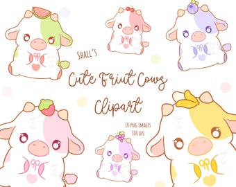 Kawaii Fruit Cows Clipart, Cows PNG, Cute Cows Clipart, Strawberry cow, Cute Cow, Planner stickers, Fruit Cows, Peach cow, Commercial Use