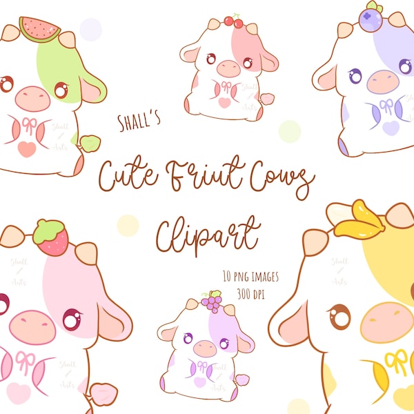 Kawaii Fruit Cows Clipart, Cows PNG, Cute Cows Clipart, Strawberry cow, Cute Cow, Planner stickers, Fruit Cows, Peach cow, Commercial Use