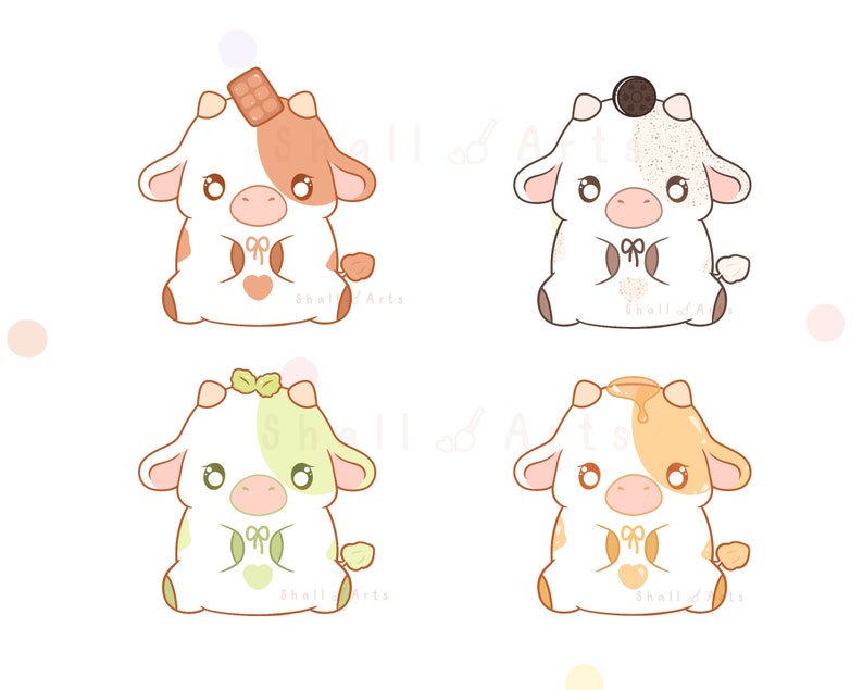 May include: Four cartoon cows with different toppings, including chocolate, sprinkles, green leaves, and caramel. Each cow is white with brown spots and has a pink nose and pink hooves.